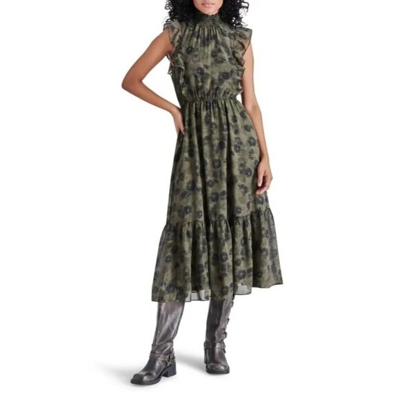 Steve Madden Dresses & Skirts - NWT Steve Madden Floral Chiffon Midi Dress XS Dark Green Floral Edgy READ